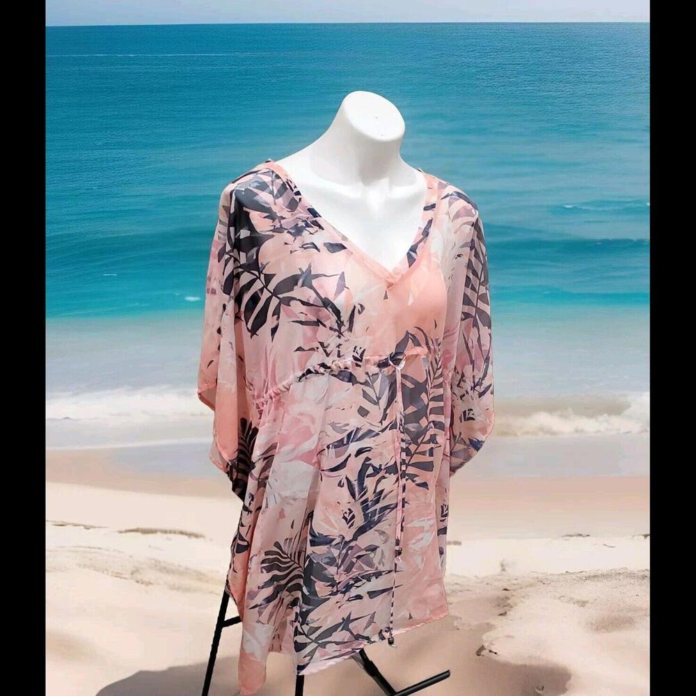 Women's Pink Tropical Print V-Neck Tunic Dress